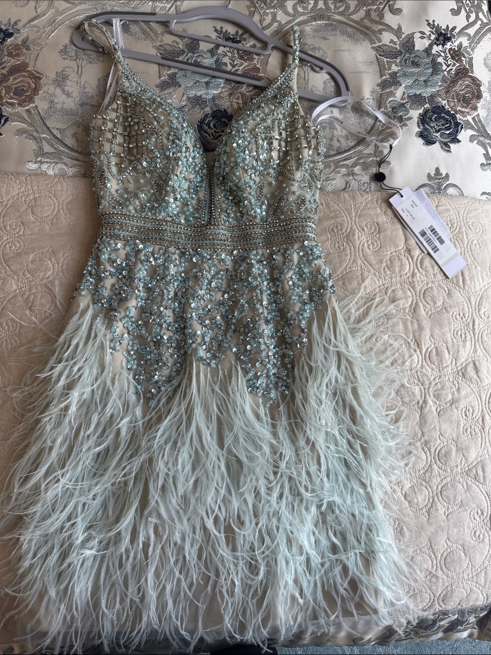 Jovani Mint Beaded Feather Cocktail Dress